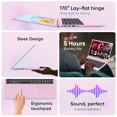 Pink Laptop, N150 Processor, Up to 3.6 GHz, 12GB RAM 512B SSD, 15.6 Inch FHD IPS Display Laptop Computer, WiFi 6, BT 5.2, Webcam, USB-C, Long Lasting Battery