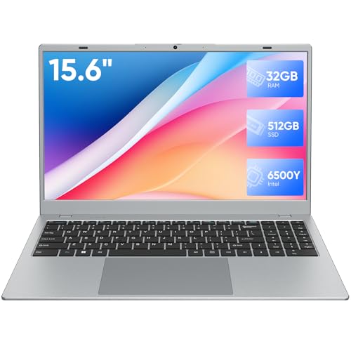 Laptop Computer, 32GB RAM 512GB SSD Laptops, 6500Y Processor (up to 3.4GHz), 15.6" FHD IPS Display, Laptop for Student and Business, WiFi 5, BT 5.0, Sliver