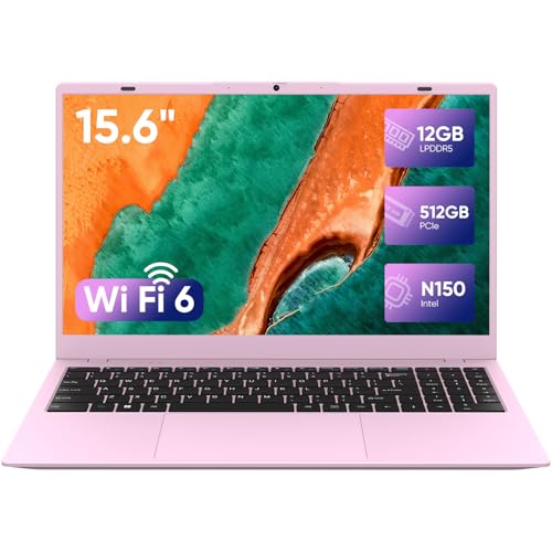 Pink Laptop, N150 Processor, Up to 3.6 GHz, 12GB RAM 512B SSD, 15.6 Inch FHD IPS Display Laptop Computer, WiFi 6, BT 5.2, Webcam, USB-C, Long Lasting Battery