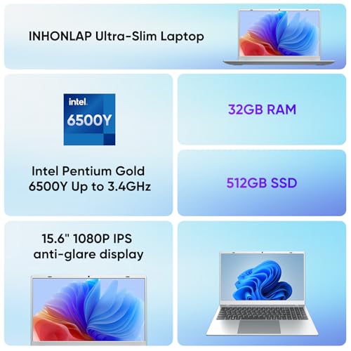Laptop Computer, 32GB RAM 512GB SSD Laptops, 6500Y Processor (up to 3.4GHz), 15.6" FHD IPS Display, Laptop for Student and Business, WiFi 5, BT 5.0, Sliver