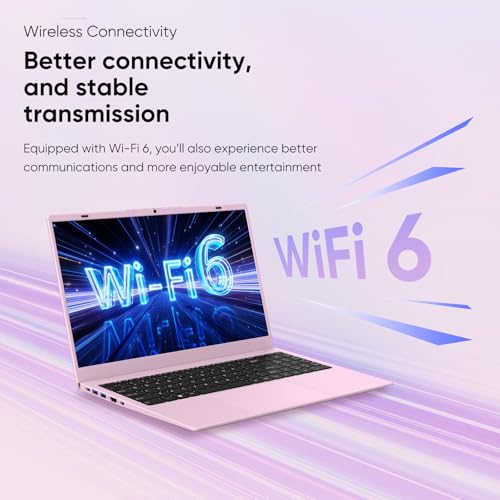 Pink Laptop, N150 Processor, Up to 3.6 GHz, 12GB RAM 512B SSD, 15.6 Inch FHD IPS Display Laptop Computer, WiFi 6, BT 5.2, Webcam, USB-C, Long Lasting Battery
