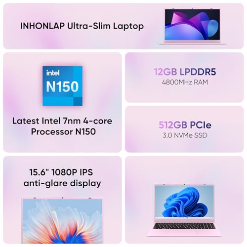 Pink Laptop, N150 Processor, Up to 3.6 GHz, 12GB RAM 512B SSD, 15.6 Inch FHD IPS Display Laptop Computer, WiFi 6, BT 5.2, Webcam, USB-C, Long Lasting Battery